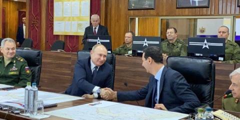 بوتين يصل دمشق في زيارة التقى خلالها الرئيس الأسد في مقر تجميع القوات الروسية بدمشق