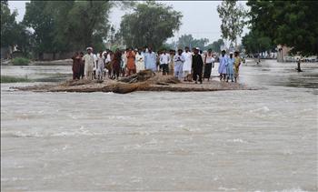 ناجون باكستانيون من الفيضانات يتجمعون في بقعة أرض أحاطت بها المياه في اقليم البنجاب أمس
