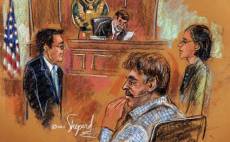 رسم تصويري لأحد المتهمين بقضية اغتيال السفير السعودي في قاعة المحكمة في نيويورك أمس (شيرلي شيبارد ــ أ ف ب)