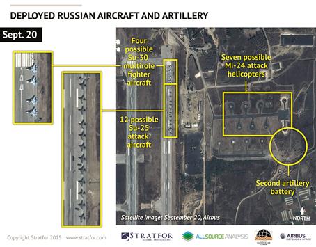 صورة مأخوذة عبر الأقمار الاصطناعية، وزعها معهد «ستراتفور» أمس، لطائرات حربية روسية في مطار اللاذقية (رويترز)