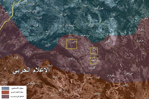 خريطة وزّعها «الإعلام الحربي» لتوزّع السيطرة في ريف اللاذقية الشمالي 