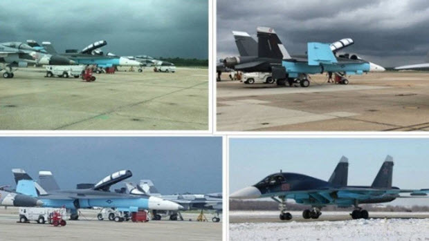 مقارنة بين طائرة سوخوي-34 الروسية وF/A-18 الأميركية-  F-18 أمريكية مطلية بألوان Su-34 فى سوريا ! 
