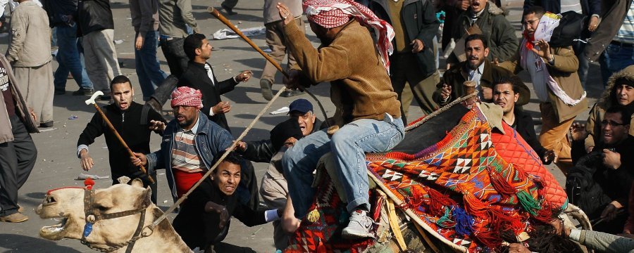 مشهد من مهاجمة أحد البلطجية على أحد الجمال لمعاضي النظام المصري في ميدان التحرير وسط القاهرة أمس