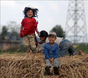أطفال من النيبال يلعبون فوق حصاد الأرز