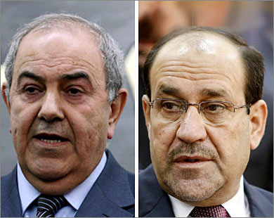 التنافس لا يزال محتدما بين المالكي (يمين) وعلاوي بشأن رئاسة الحكومة